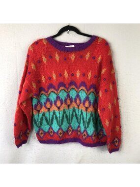 Vintage Susan Bristol Sweater Womens 34 Multicolor Mohair Chunky Geometric 90s